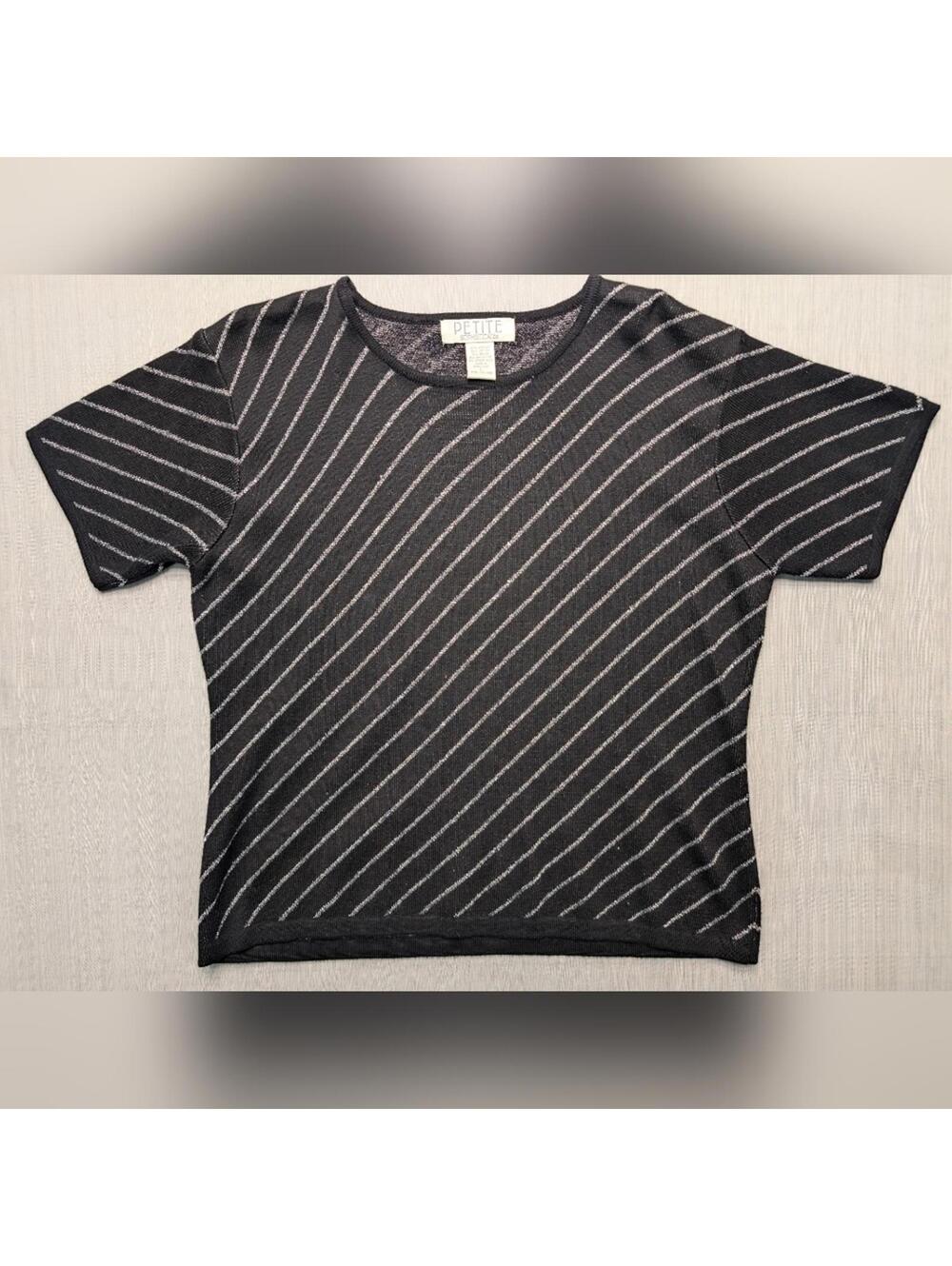 Petite Sophisticate Black and Silver Short Sleeve Thin Sweater Large